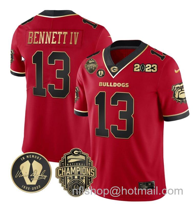 Men's Nike Stetson Bennett Jersey #13 Georgia Bulldogs Football 2023 Champions and Vince Dooley Patch Black Red