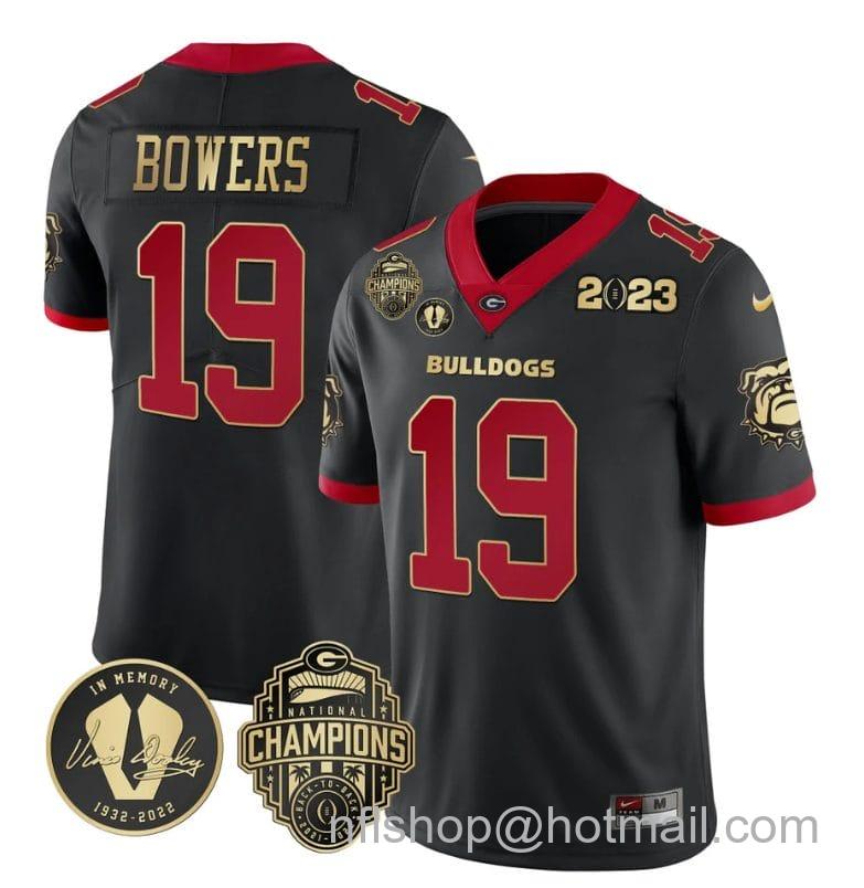 Men's Nike Brock Bowers Jersey #19 Georgia Bulldogs Football 2023 Champions and Vince Dooley Patch Gold Trim