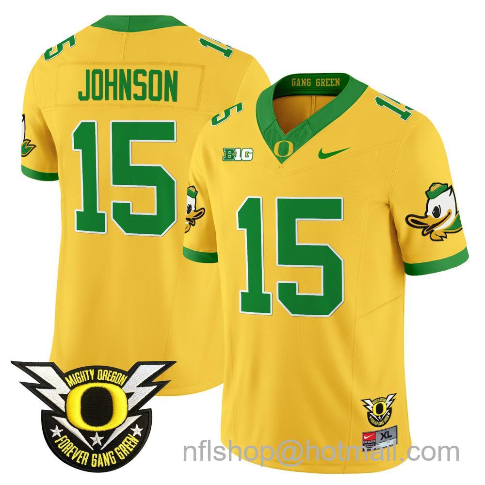 Men's Nike Oregon Ducks #15 Tez Johnson 2024 Big Ten Patch Forever Gang Green Vapor Limited Stitched College Football Jersey - Yellow