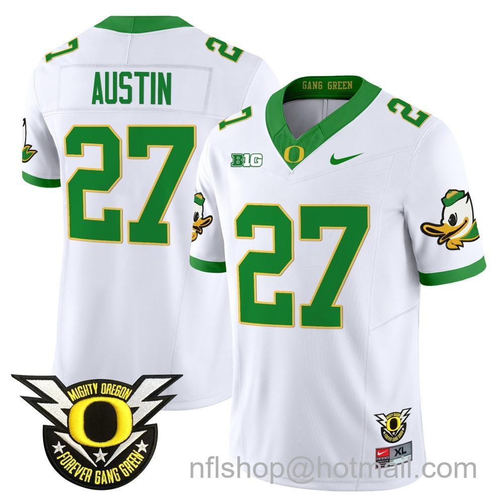 Men's Nike Oregon Ducks #27 Daylen Austin 2024 Big Ten Patch Forever Gang Green Vapor Limited Stitched College Football Jersey - White