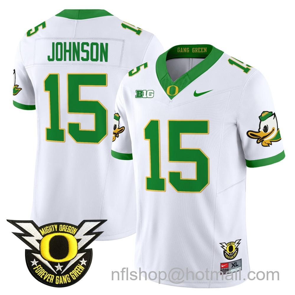 Men's Nike Oregon Ducks #15 Tez Johnson 2024 Big Ten Patch Forever Gang Green Vapor Limited Stitched College Football Jersey - White