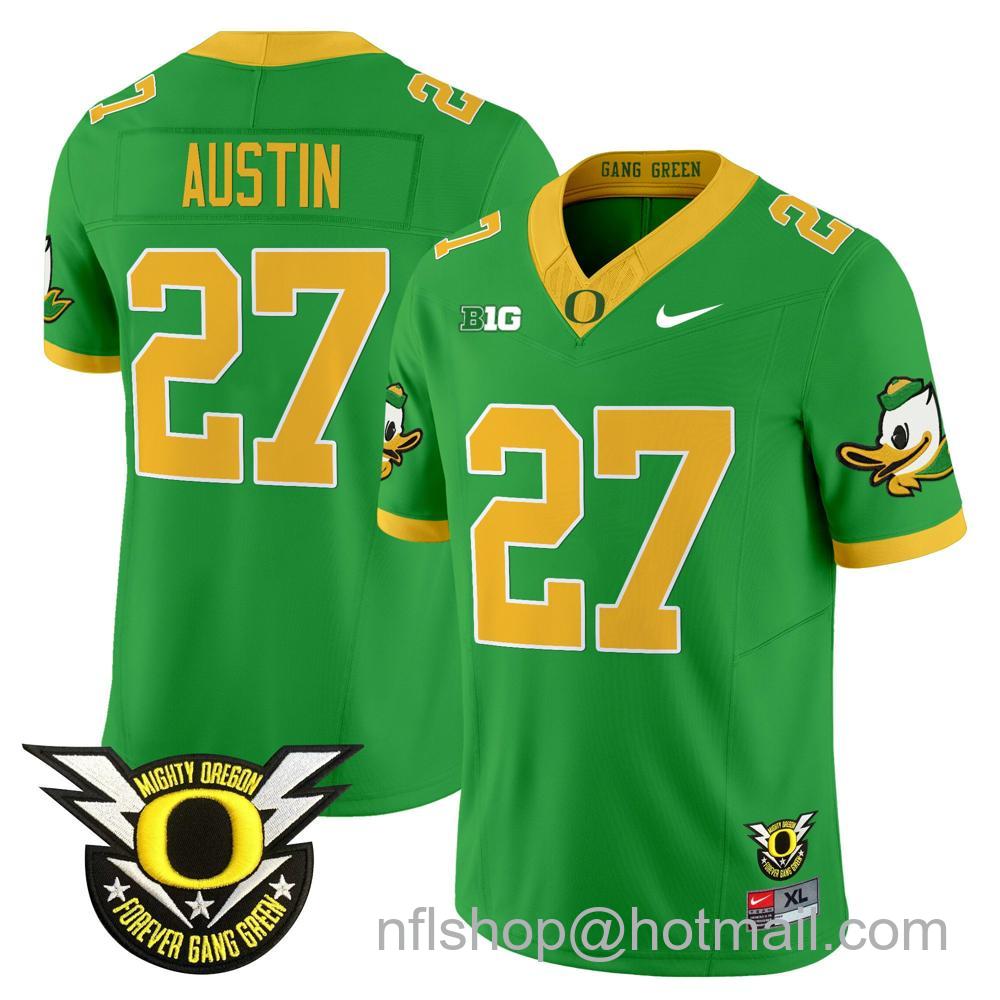 Men's Nike Oregon Ducks #27 Daylen Austin 2024 Big Ten Patch Forever Gang Green Vapor Limited Stitched College Football Jersey - Green