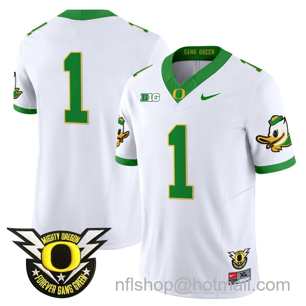 Men's Nike Oregon Ducks Team #1 2024 Big Ten Patch Forever Gang Green Vapor Limited Stitched College Football Jersey - White