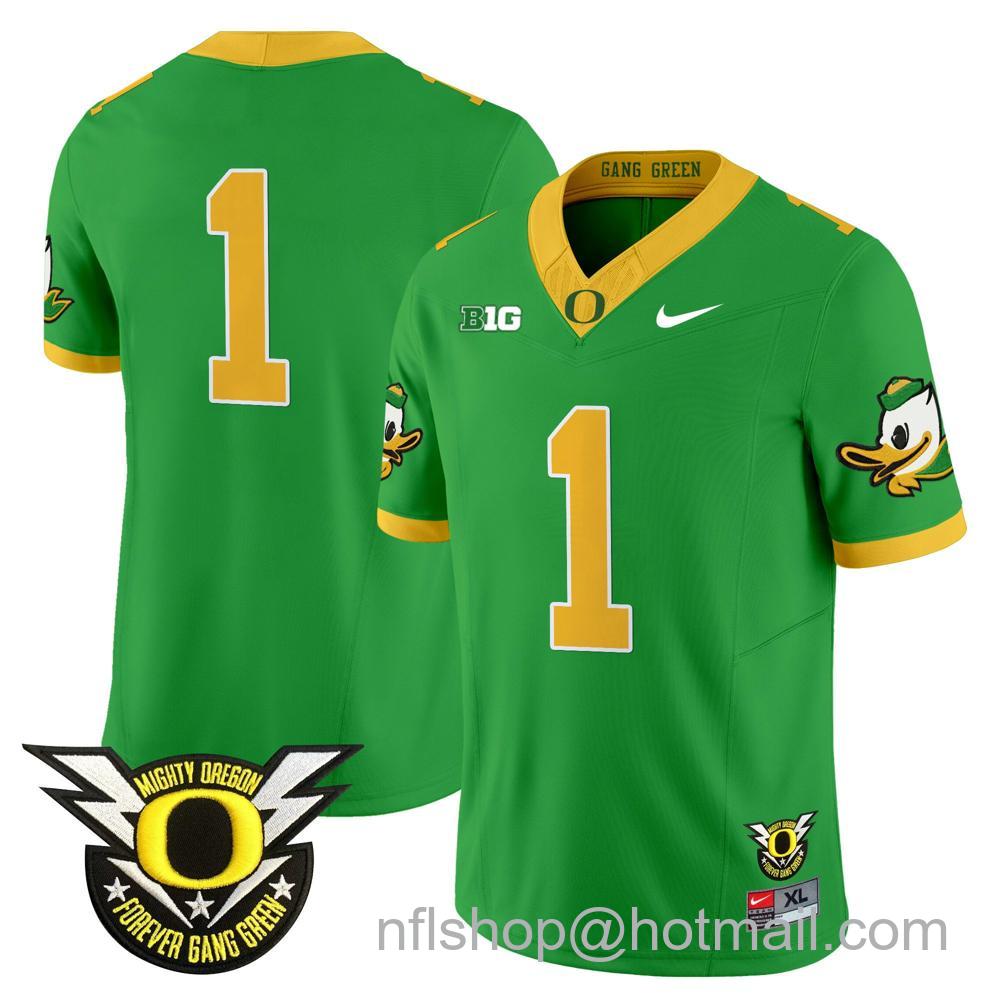 Men's Nike Oregon Ducks Team #1 2024 Big Ten Patch Forever Gang Green Vapor Limited Stitched College Football Jersey - Grean