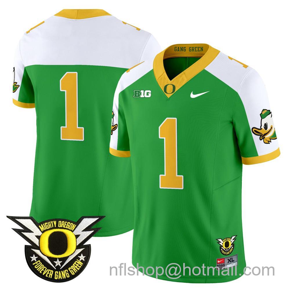 Men's Nike Oregon Ducks Team #1 2024 Big Ten Patch Forever Gang Green Vapor Limited Stitched College Football Jersey - Green Alternate