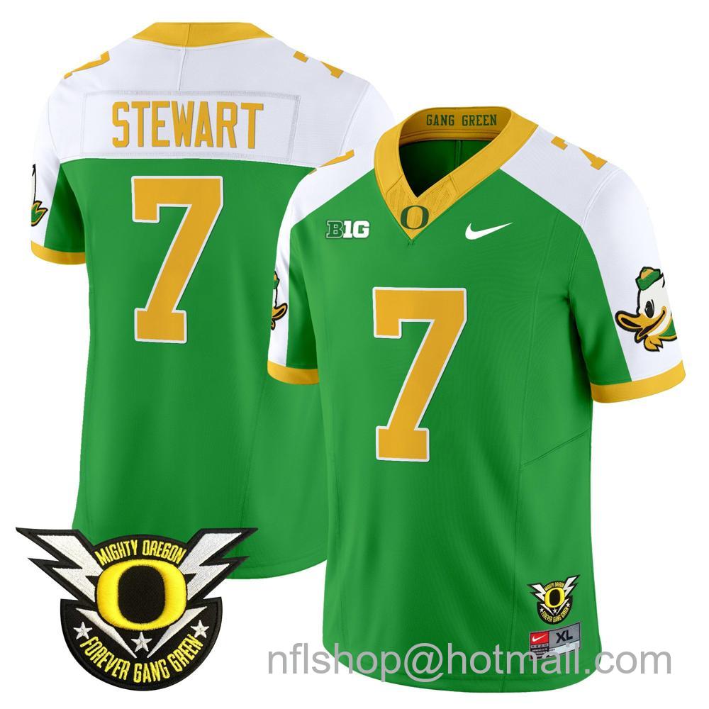 Men's Nike Oregon Ducks #7 Evan Stewart 2024 Big Ten Patch Forever Gang Green Vapor Limited Stitched College Football Jersey - Green White