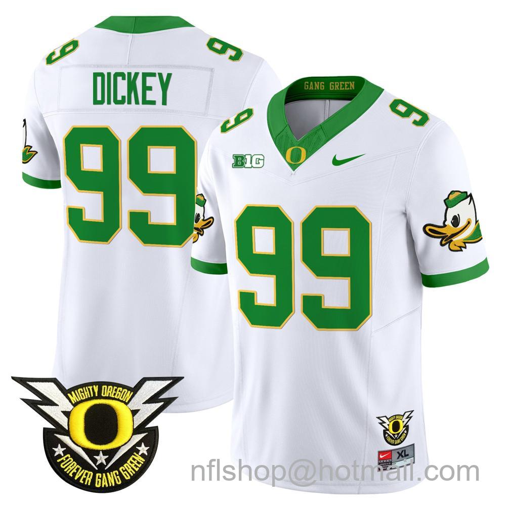 Men's Nike Oregon Ducks #99 Jurrion Dickey 2024 Big Ten Patch Forever Gang Green Vapor Limited Stitched College Football Jersey - White