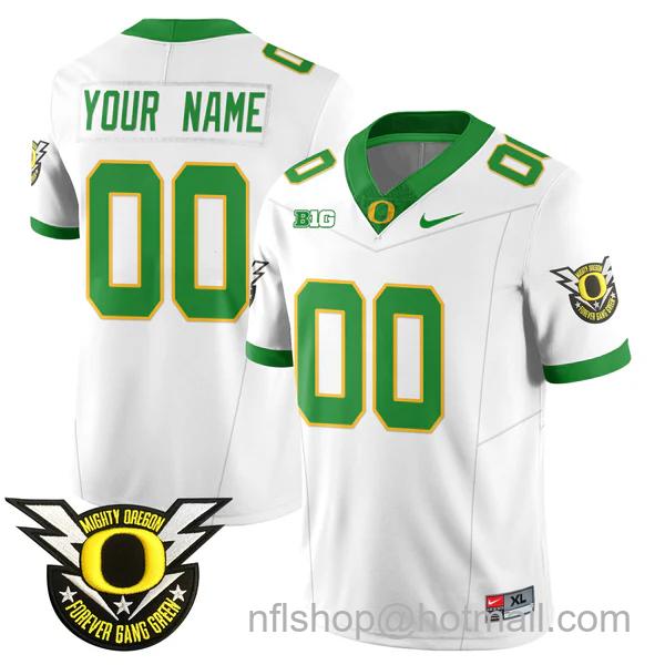 Men's Nike Customized Oregon Ducks 2024 Big Ten Patch Forever Gang Green Vapor Limited Stitched College Football Jersey White