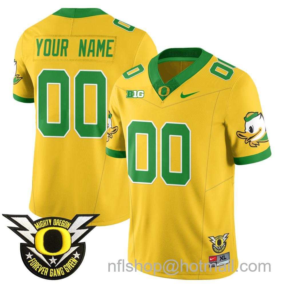 Men's Nike Oregon Ducks Customized 2024 Big Ten Patch Forever Gang Green Vapor Limited Stitched College Football Jersey - Yellow