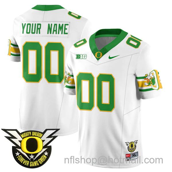 Men's Nike Oregon Ducks Custom 2024 Big Ten Patch Forever Gang Green Vapor Limited White Stitched College Football Jersey