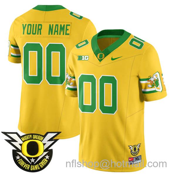 Men's Nike Oregon Ducks Custom 2024 Big Ten Patch Forever Gang Green Vapor Limited Yellow Stitched College Football Jersey