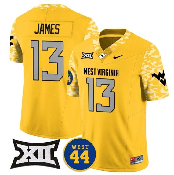 Men's Sam James Jersey #13 West Virginia Mountaineers 2024 Vapor Limited Football Honor Jerry West Stitched Gold_1