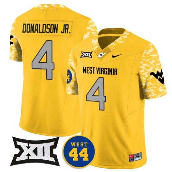 Men's CJ Donaldson Jr Jersey #4 West Virginia Mountaineers 2024 Vapor Limited Football Honor Jerry West Stitched Goal_1