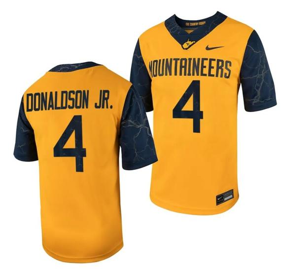 Men's West Virginia Mountaineers CJ Donaldson Jr Jersey #4 Football Game Country Roads Gold_1