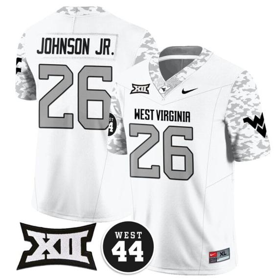 Men's Justin Johnson Jr Jersey #26 West Virginia Mountaineers 2024 Vapor Limited Football Honor Jerry West Stitched White_1