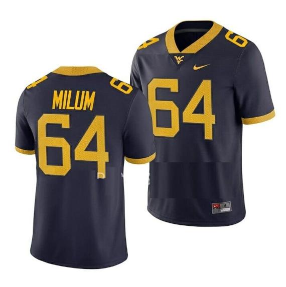 Men's West Virginia Mountaineers Wyatt Milum Jersey #64 College Football Navy Game Uniform_1