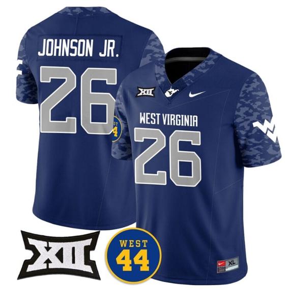 Men's Justin Johnson Jr Jersey #26 West Virginia Mountaineers 2024 Vapor Limited Football Honor Jerry West Stitched Navy_1