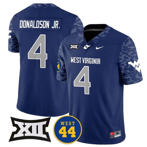 Men's CJ Donaldson Jr Jersey #4 West Virginia Mountaineers 2024 Vapor Limited Football Honor Jerry West Stitched Navy_1