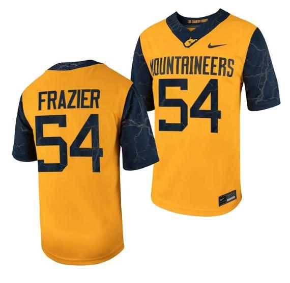 Men's West Virginia Mountaineers Zach Frazier Jersey #54 Football Game Country Roads Gold_1