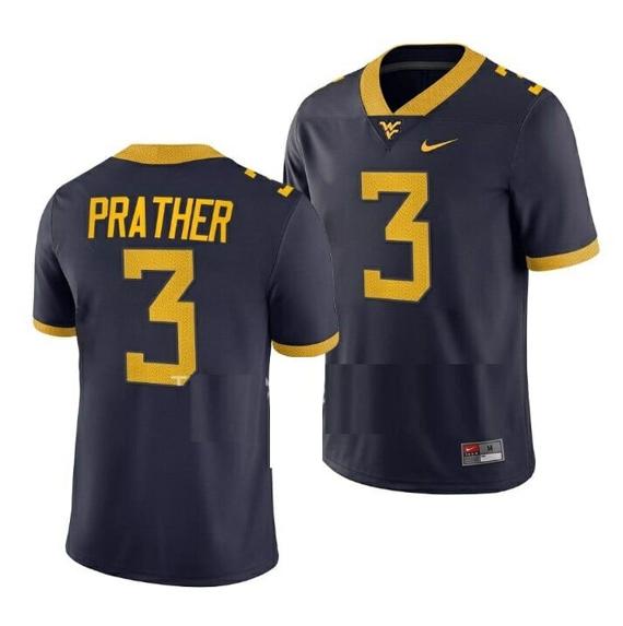 Men's West Virginia Mountaineers Kaden Prather Jersey #3 College Football Navy Game Uniform_1