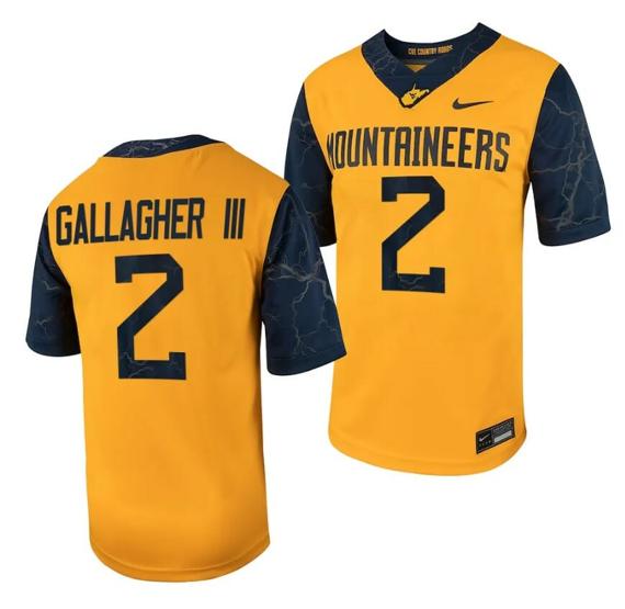 Men's West Virginia Mountaineers Rodney Gallagher III Jersey #2 Football Game Country Roads Gold_1