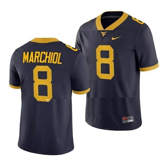 Men's West Virginia Mountaineers Nicco Marchiol Jersey #8 College Football Navy Game Uniform_1