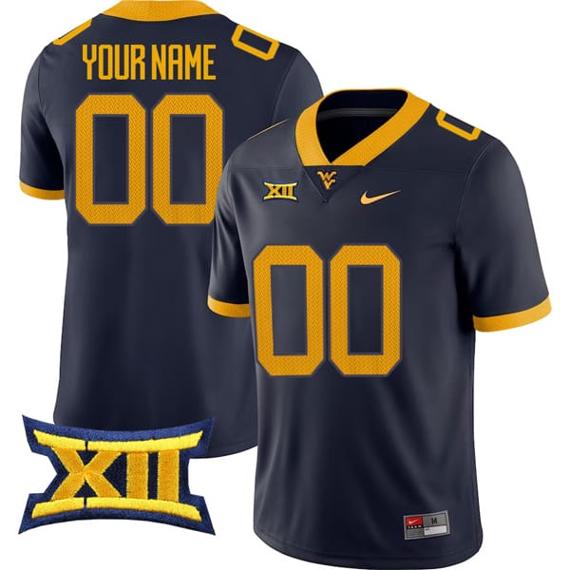 Men's Custom West Virginia Mountaineers Jersey Name and Number College Football Navy All Stitched_1