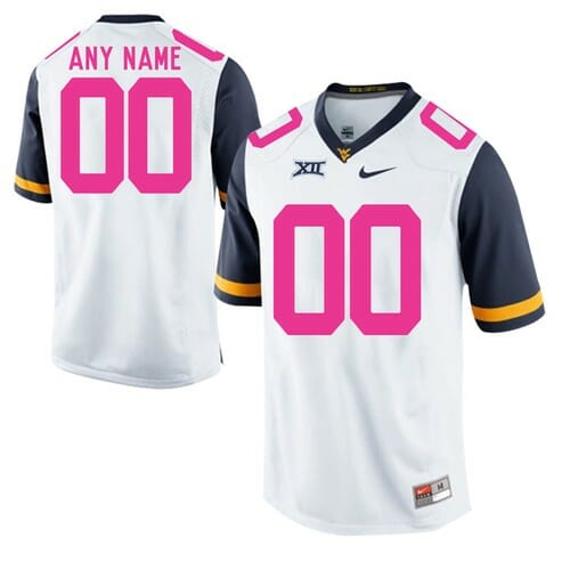 Men's Personalized WVU West Virginia Mountaineers Football Jersey White Pink NCAA_1