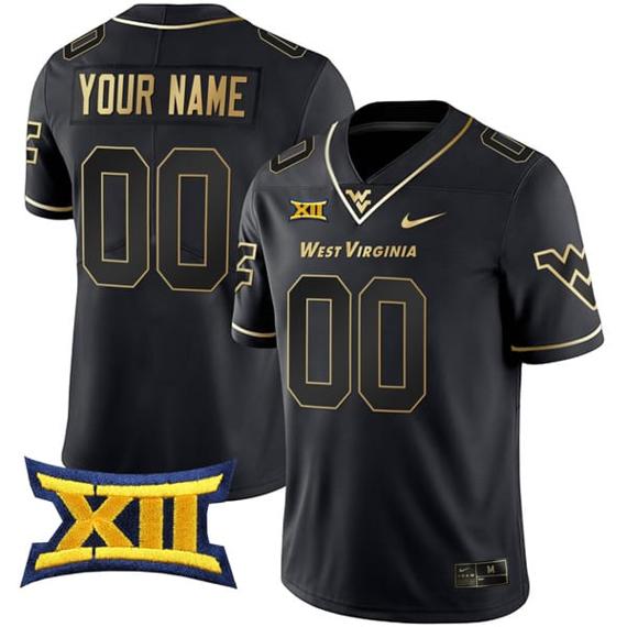 Men's Custom West Virginia Mountaineers Jersey Name and Number College Football Black Gold “Gold Series” All Stitched_1