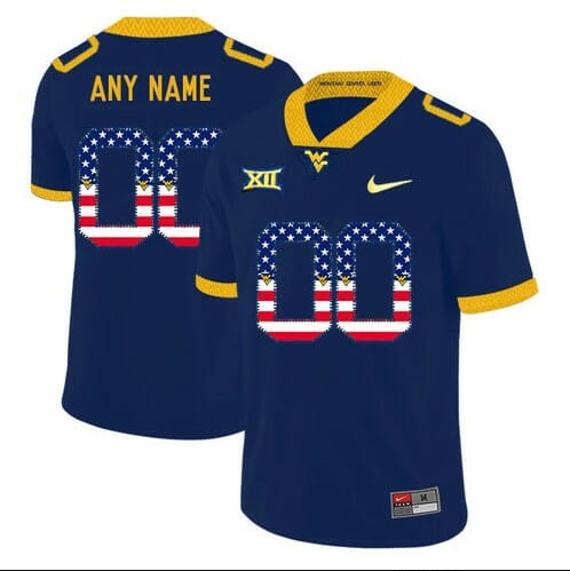 Men's Personalized WVU West Virginia Mountaineers Football Jersey Navy USA Flag College_1