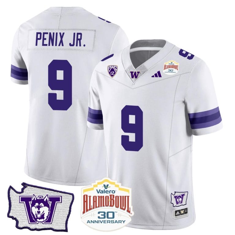 Men's Michael Penix Jr Jersey #9 Washington Huskies Alamo Bowl Patch Football White