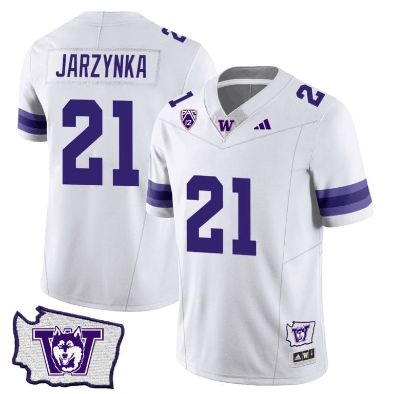 Men's Joe Jarzynka Jersey #21 Washington Huskies Washington Map Patch Football White