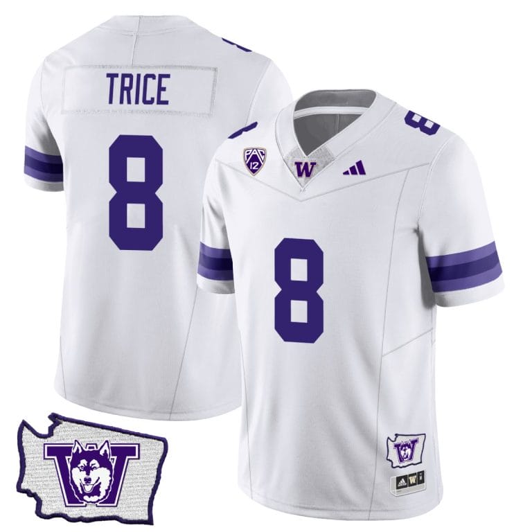 Men's Bralen Trice Jersey #8 Washington Huskies Washington Map Patch Football White