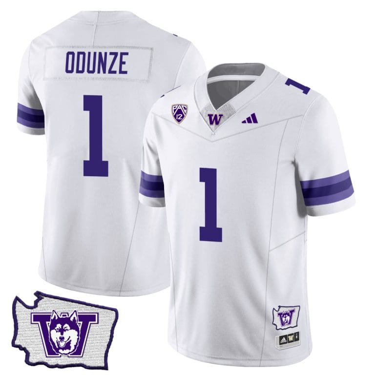 Men's Rome Odunze Jersey #1 Washington Huskies Washington Map Patch Football White