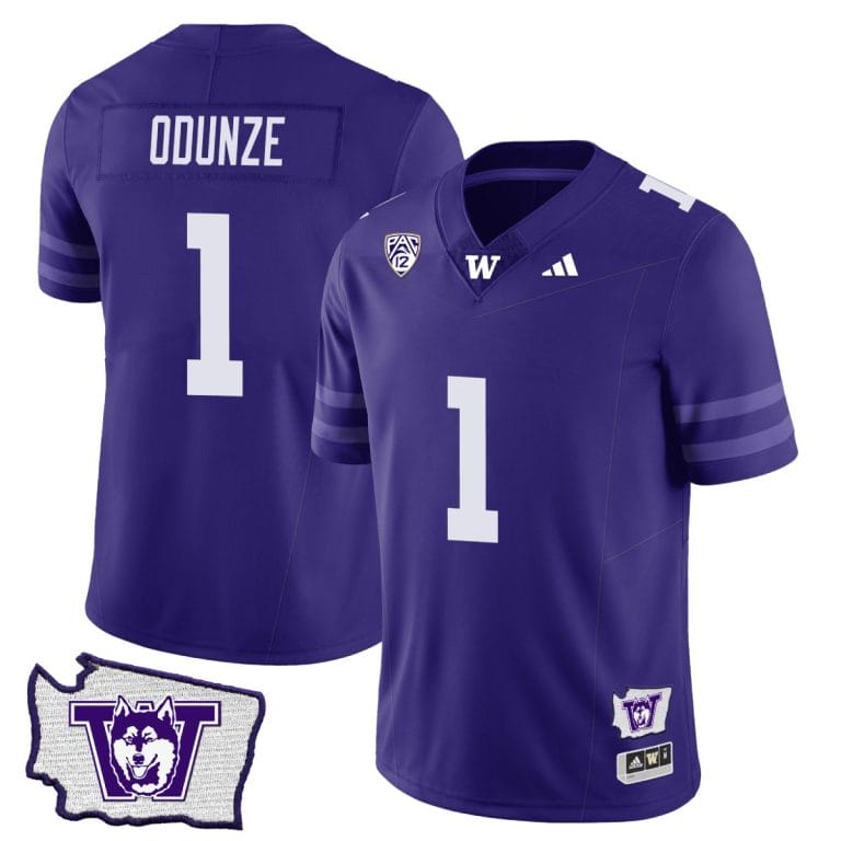 Men's Rome Odunze Jersey #1 Washington Huskies Washington Map Patch Football Purple