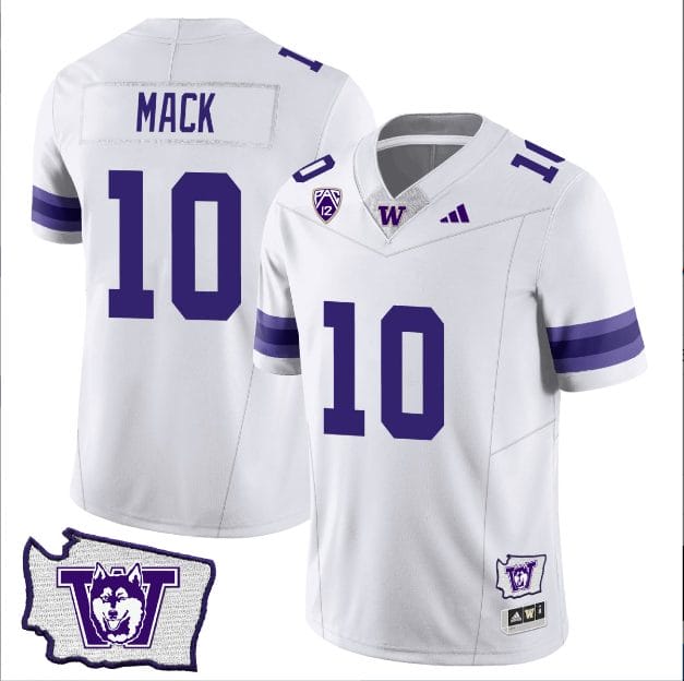 Men's Austin Mack Jersey #10 Washington Huskies Washington Map Patch Football White