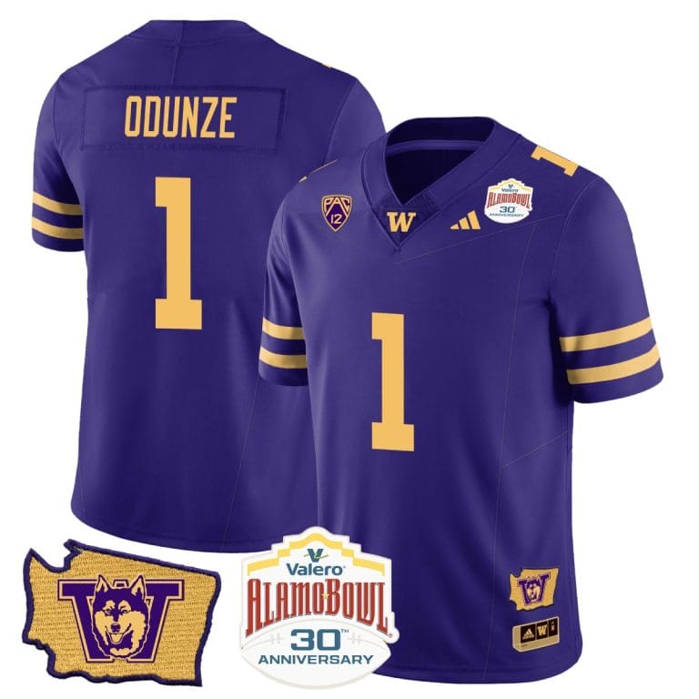 Men's Rome Odunze Jersey #1 Washington Huskies Alamo Bowl Patch Football Purple Gold