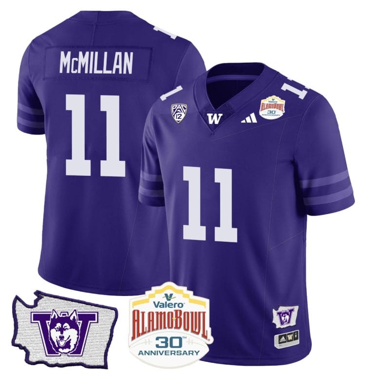 Men's Jalen McMillan Jersey #11 Washington Huskies Alamo Bowl Patch Football Purple