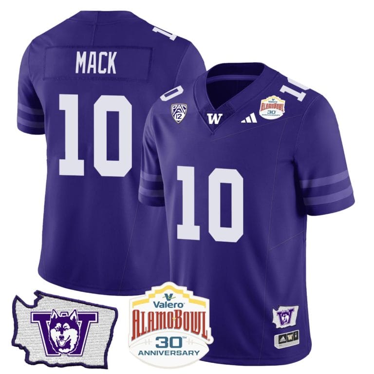 Men's Austin Mack Jersey #10 Washington Huskies Alamo Bowl Patch Football Purple