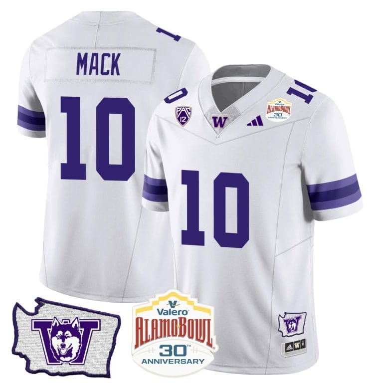 Men's Austin Mack Jersey #10 Washington Huskies Alamo Bowl Patch Football White