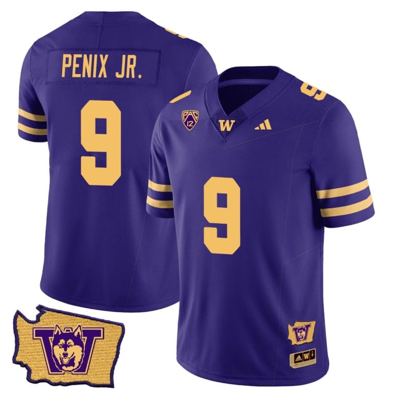 Men's Michael Penix Jr Jersey #9 Washington Huskies Washington Map Patch Football Purple Gold