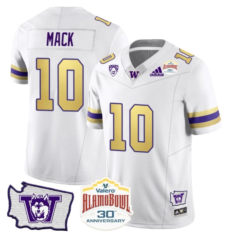 Men's Austin Mack Jersey #10 Washington Huskies Alamo Bowl Patch Football Husky Royalty