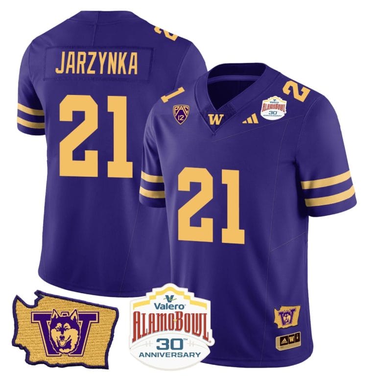 Men's Joe Jarzynka Jersey #21 Washington Huskies Alamo Bowl Patch Football Purple Gold