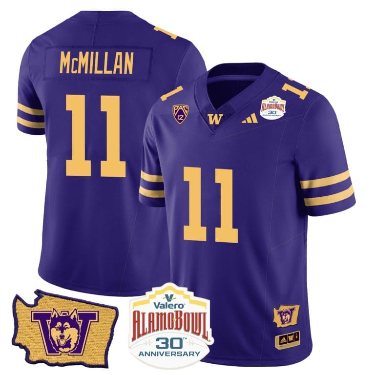 Men's Jalen McMillan Jersey #11 Washington Huskies Alamo Bowl Patch Football Purple Gold