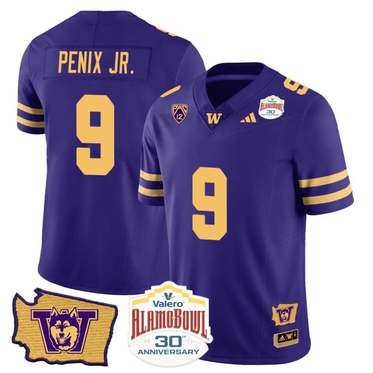 Men's Michael Penix Jr Jersey #9 Washington Huskies Alamo Bowl Patch Football Purple Gold