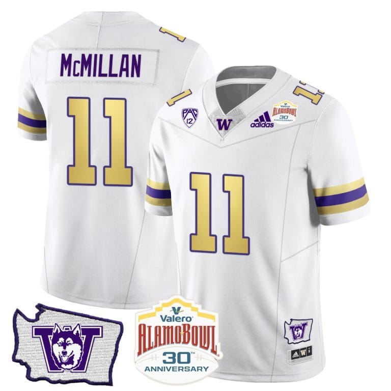 Men's Jalen McMillan Jersey #11 Washington Huskies Alamo Bowl Patch Football Husky Royalty