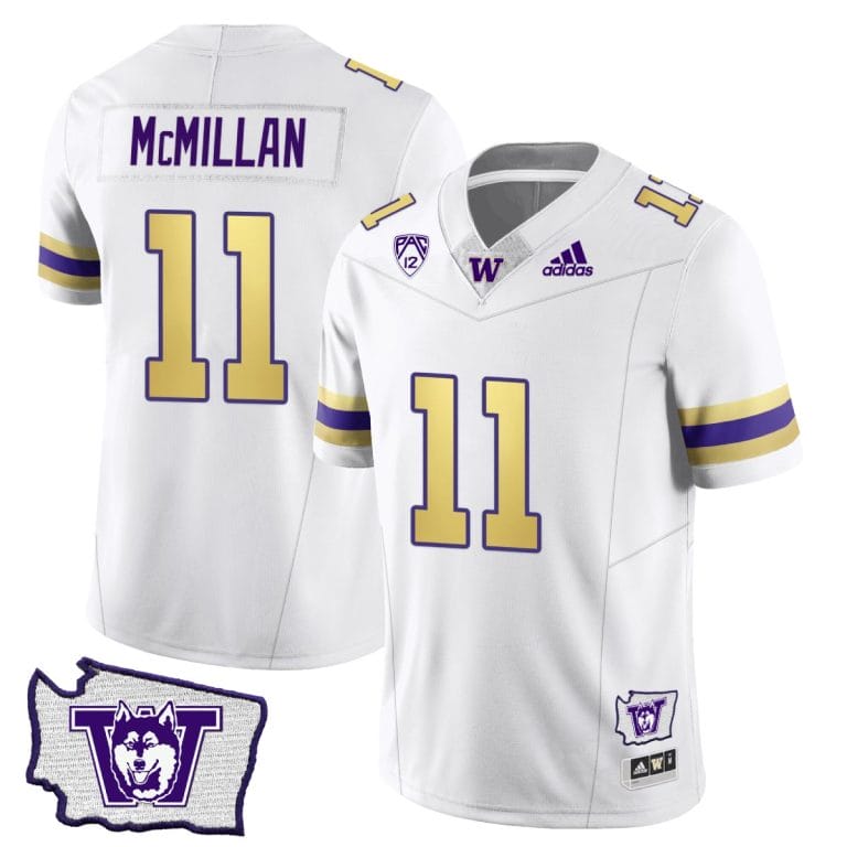 Men's Jalen McMillan Jersey #11 Washington Huskies Washington Map Patch Football Husky Royalty