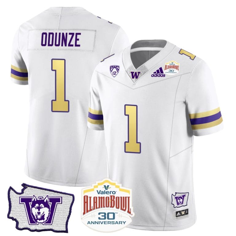 Men's Rome Odunze Jersey #1 Washington Huskies Alamo Bowl Patch Football Husky Royalty