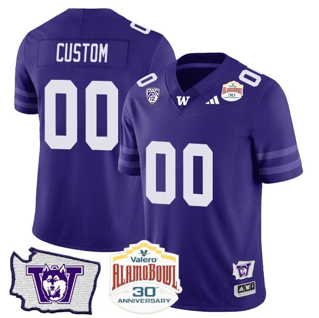 Men's Custom Washington Huskies Jersey Name and Number Alamo Bowl Patch Football Purple