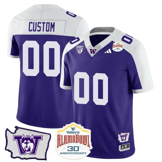 Men's Custom Washington Huskies Jersey Name and Number Alamo Bowl Patch Football Alternate